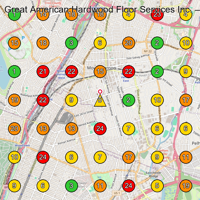 Great American Hardwood Floor Services Inc. Flooring Contractor GeoGrid ranking map for Mt Vernon NY